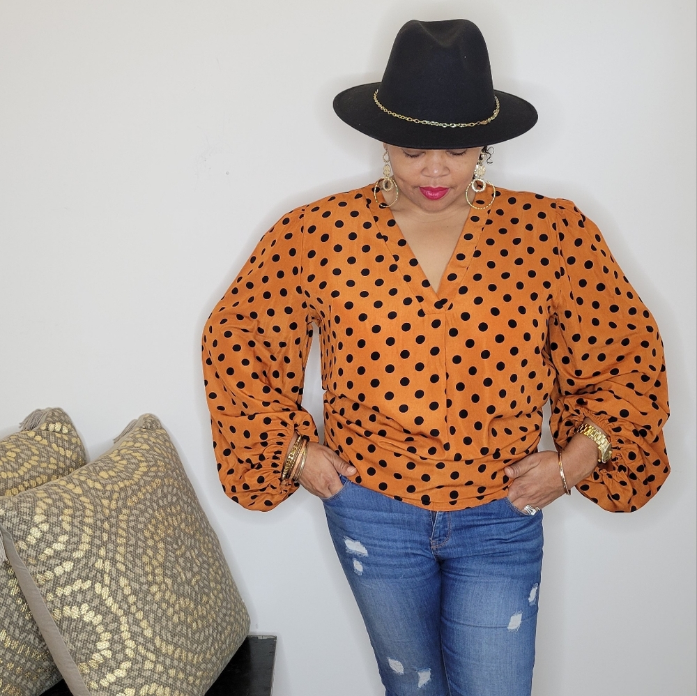 Burnt orange Black polka dot blouse